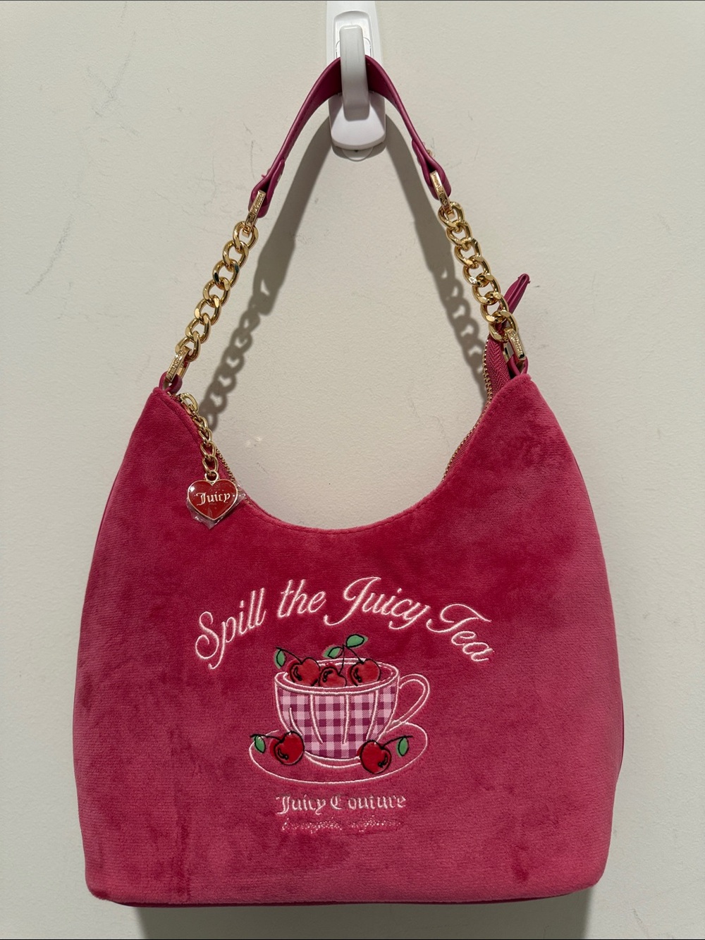 Juicy Couture Hot Pink Velvet 'Spill the Juicy Tea' Shoulder Bag